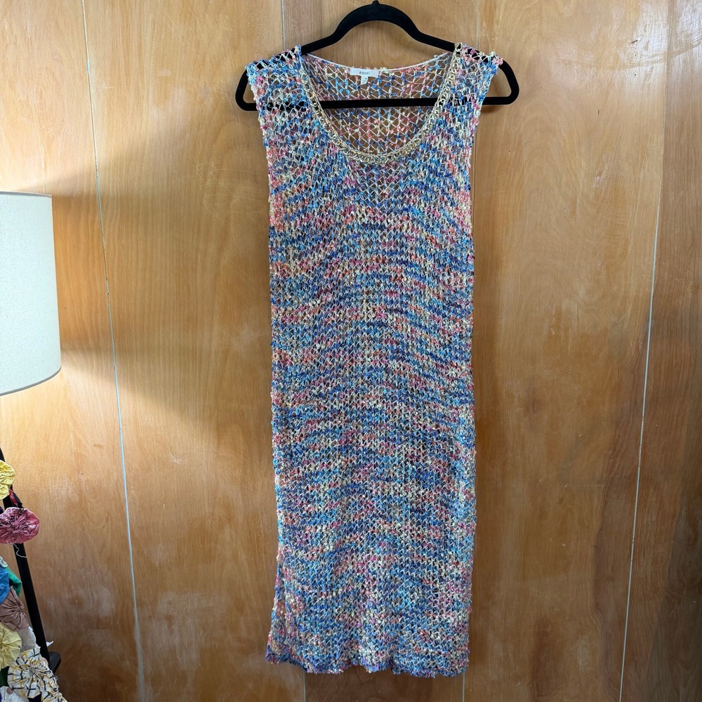 Easel Multi Color Confetti Knit Sequin Midi Dress Gold Chain Neck S/M Boho Beach